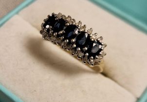 9ct Gold, Sapphire & Diamond Cluster Ring, size J & 2.6g