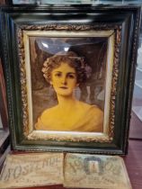 Antique Chrystoleum Glass Art Painting of a Lady + A Pair of European Postcards