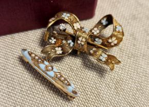 9ct Gold Single Diamond Set Bow Brooch plus 9ct Gold, Sea Pearl and Enamel Pin Brooch, Combined Weig