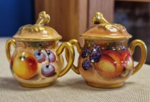 Royal Worcester Pair of Signed Fruits Miniature Lidded Jars