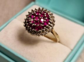 9ct Gold, Ruby & Diamond Cluster Ring - 5.25g & size O