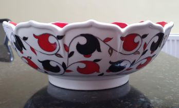 Crown Ducal Red & Black Oyster Fluted Bowl, Charlotte Rhead design - 25cm diameter by 10cm high