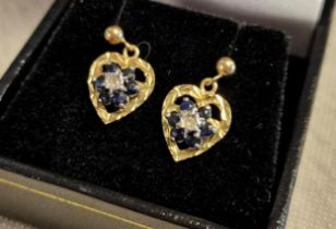 9ct Gold, Diamond and Sapphire Pair of Heart-Shaped Drop Earrings, 2g