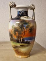 Noritake Handpainted Twin Handled Vase - 24.5cm high