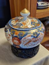 Antique Japanese Oriental Lidded Imari Jar and Stand - 22cm diameter by 20cm high inc lid