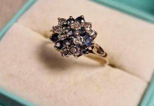 9ct Gold and Ceylon Sapphire and Diamond Cluster Ring, Size J, Weight 2 grams