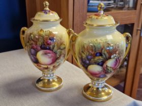 Aynsley Signed Doris Jones Pair of Fruits Twin Handled Footed Urns