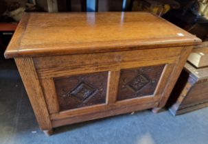 Antique Oak Small Coffer or Blanket Box w/carved panels to front