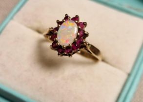 9ct Gold, Opal & Ruby Cluster Ring, 2.6g & size M