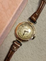 9ct Gold & Leather Strapped 1920's Antique Wrist Watch - 16.4g