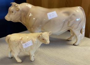Beswick Charolais Bull And Calf 12.5cm x 22.5cm, 7.5cm x 10cm