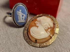 9ct Gold Classical Cameo Brooch plus Wedgwood Jasper-ware Cameo Ring