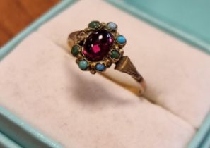 22ct Gold, Turquoise & Ruby Antique Dress Ring (A/F) - 1.6g & size M