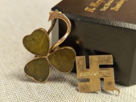 9ct Gold Pair of Pendants - one Three Leaf Irish Clover & a Hindu Peace Symbol (Swastika) - combined