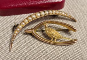 9ct Gold Pair of Pin Brooches including Wishbone Pheasant and Gold Filled Sea Pearl Crescent Brooch,