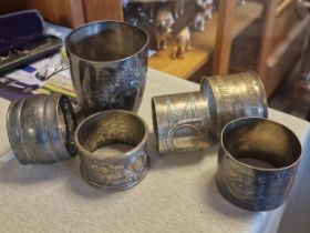 French Antique Set of Napkin Rings plus a Crowned Glass - some silver