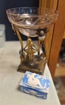 Brass & Glass Figural Pedestal Bowl + a Wedgwood Style Jasperware Trinket Box