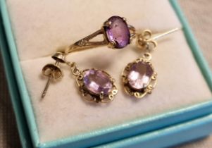 9ct Gold and Amethyst Ring and Pair of Earrings, Ring Size L, Total Combined Weight 2.2 g