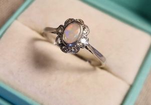 18ct White Gold Diamond and Opal Dress Ring, Size R, 2.35 g