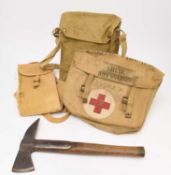 British Army 37 pattern pack, shell dressings bag, MKVII mask bag, rifle scabbard, fireman's axe