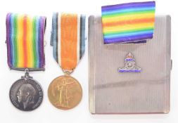 WW1 Royal Engineers Medal pair and a WW2 silver Royal Engineers silver cigarette case