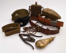 Militaria including wire cutters, water carrier, Sam Browne, WW2 GS beret