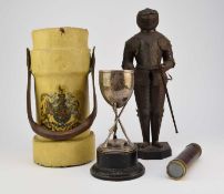 Canvas cordite carrier, telescope, small suit of armour and a trophy cup