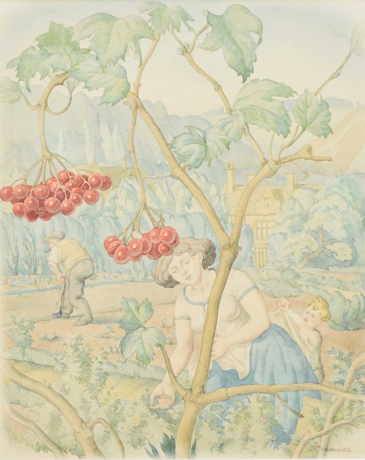 Norman Neasom RWS (1915-2010) Figures working in a Vegetable plot