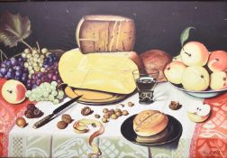 Qais al Sindy (Iraqi b.1967) Still Life study of a table set with cheese, apples and grapes