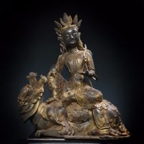 Bronze gold-plated statue of [Sitting Beast Bodhisattva]