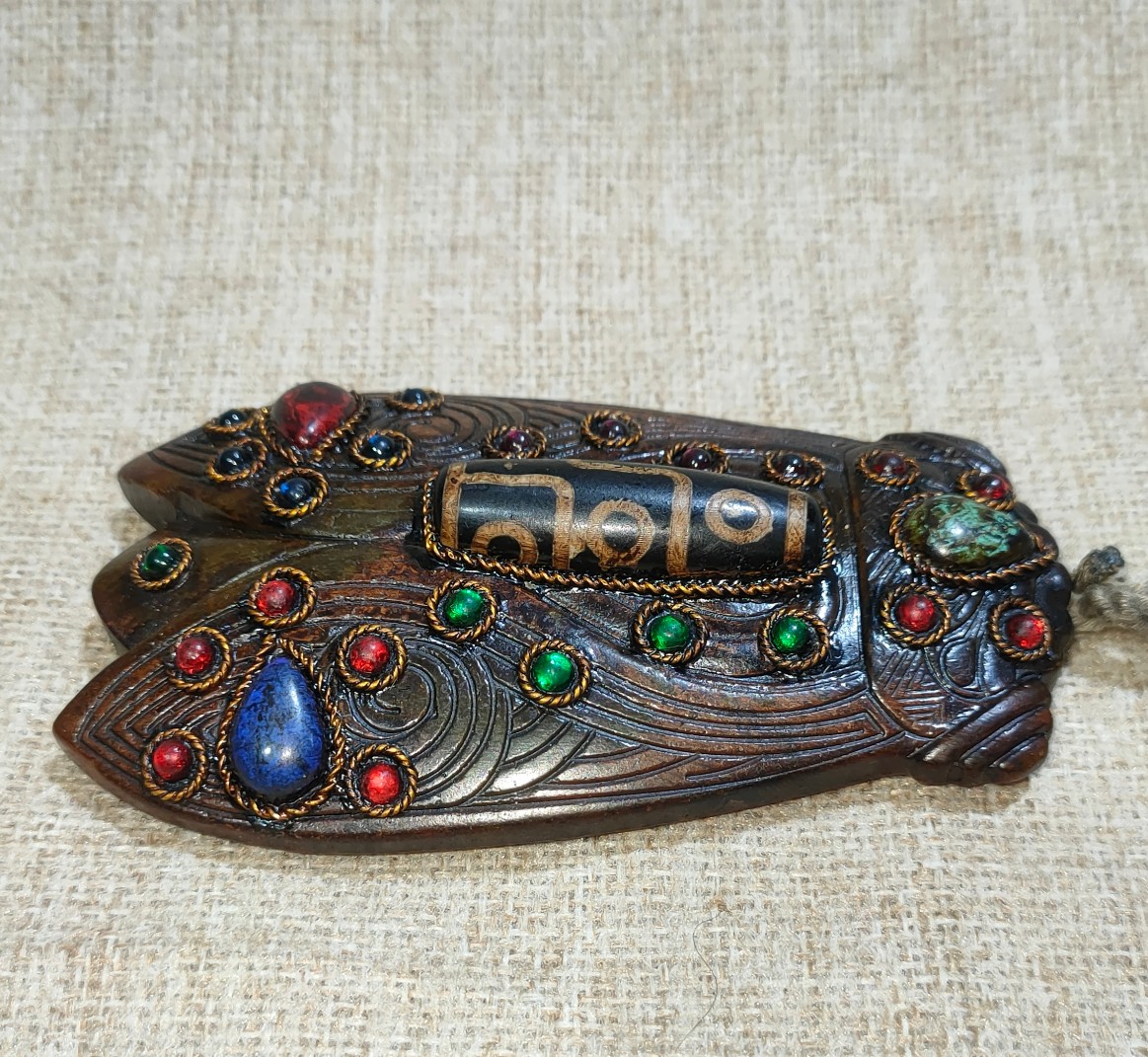Old jade inlaid gemstone dzi bead turquoise handle piece - Image 4 of 8