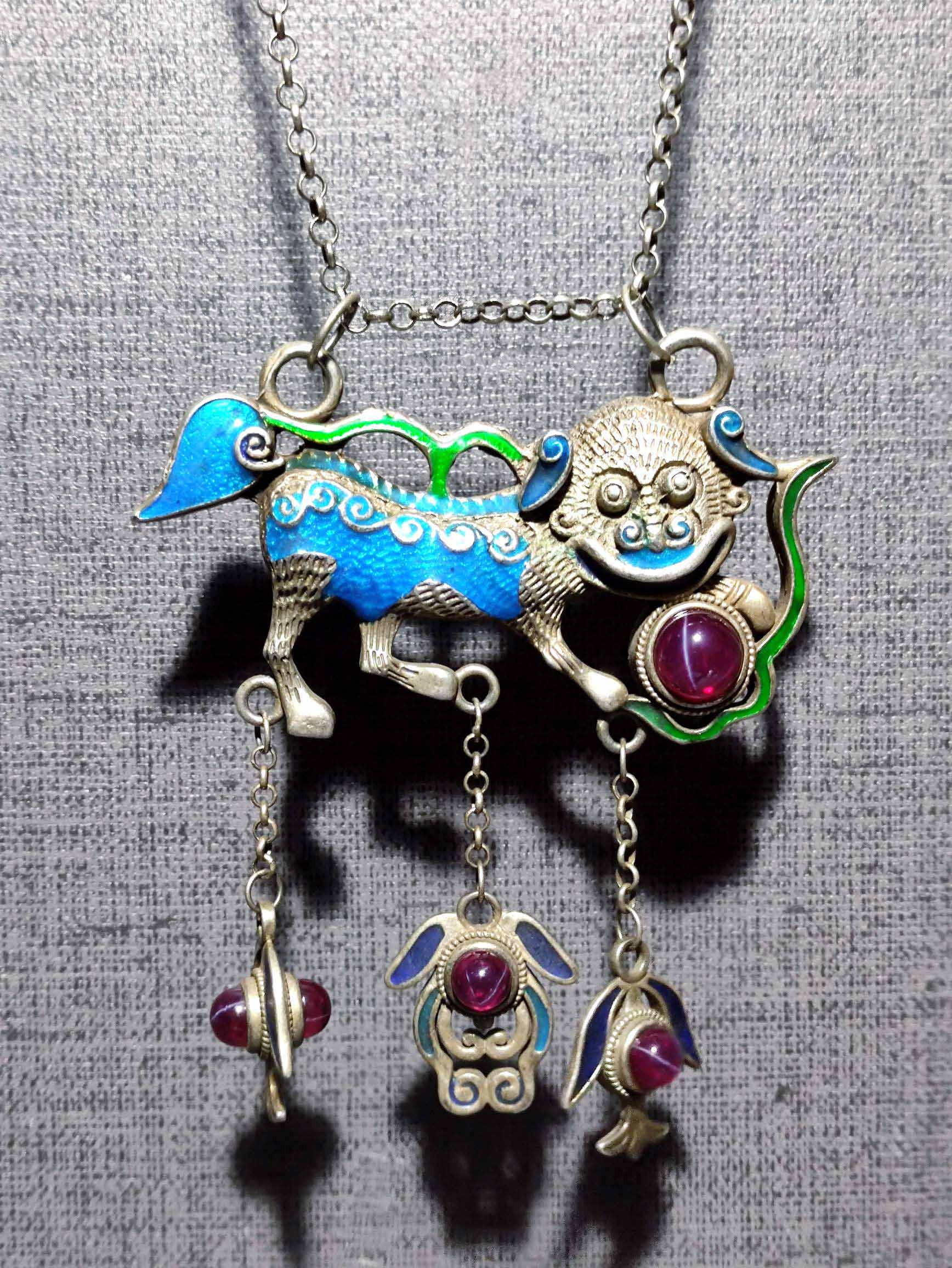 Cloisonne silver roasted blue inlaid ruby unicorn longevity lock pendant - Bild 8 aus 8