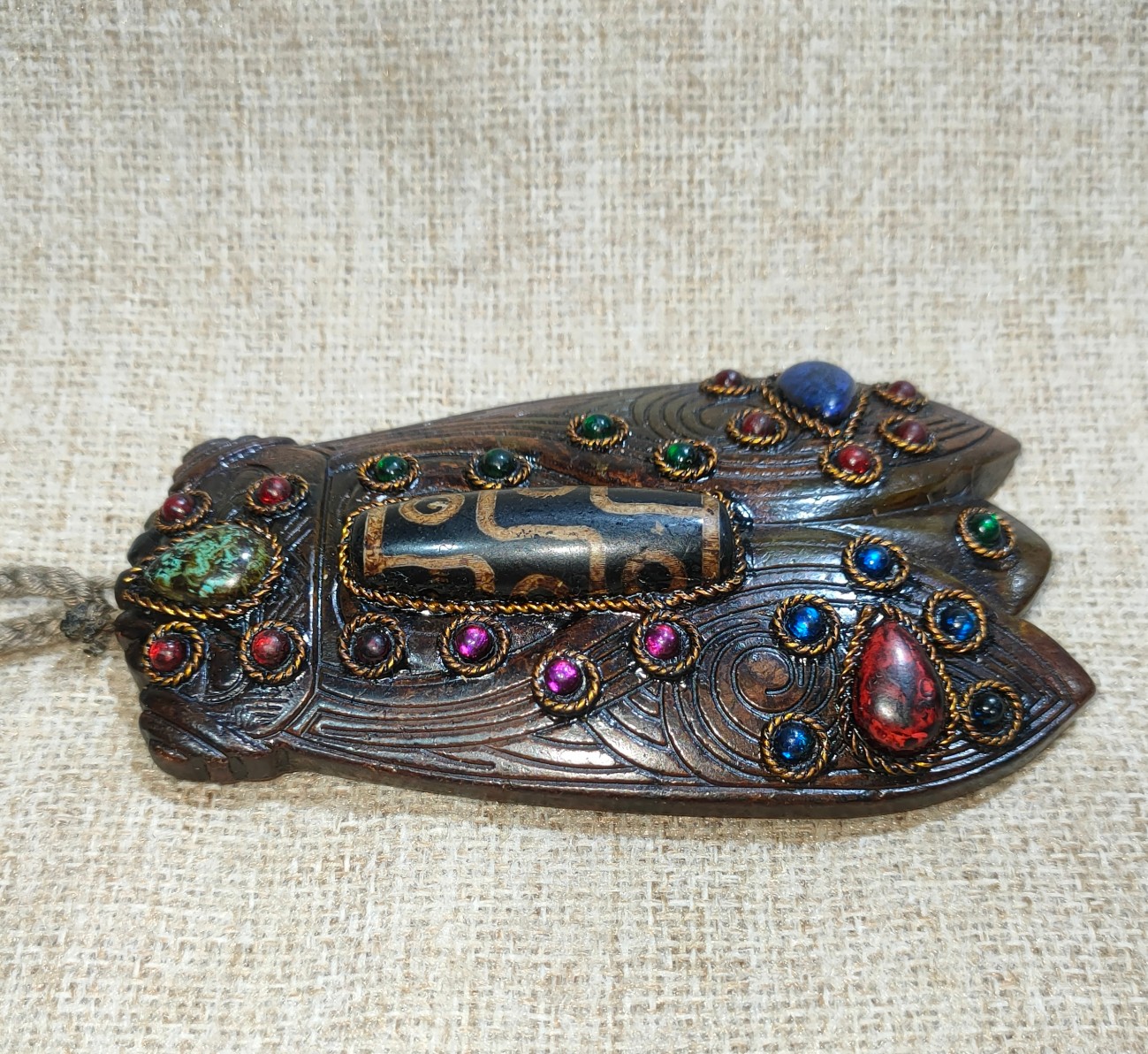 Old jade inlaid gemstone dzi bead turquoise handle piece - Image 6 of 8