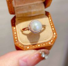 18k gold full diamond and pearl ring