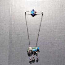 Cloisonne silver roasted blue inlaid ruby unicorn longevity lock pendant