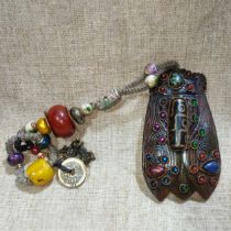 Old jade inlaid gemstone dzi bead turquoise handle piece