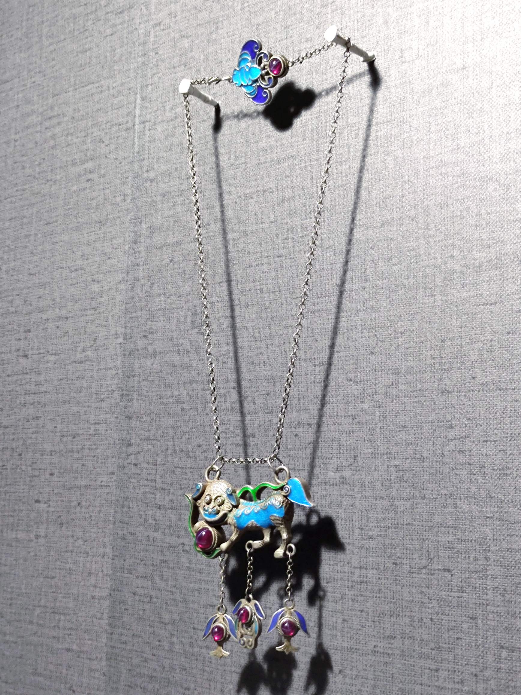Cloisonne silver roasted blue inlaid ruby unicorn longevity lock pendant - Bild 3 aus 8