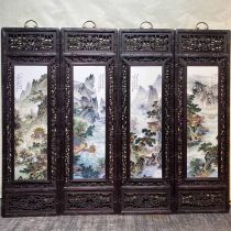Wang Yeting’s mahogany inlaid porcelain panel painting pastel landscape four hanging screen
