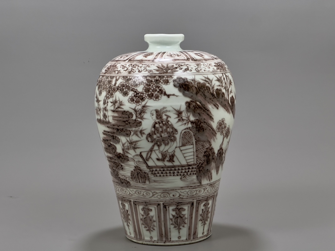 Yuan Dynasty underglaze red plum vase with character story of Xiao He chasing Han Xin under the moon - Image 7 of 9