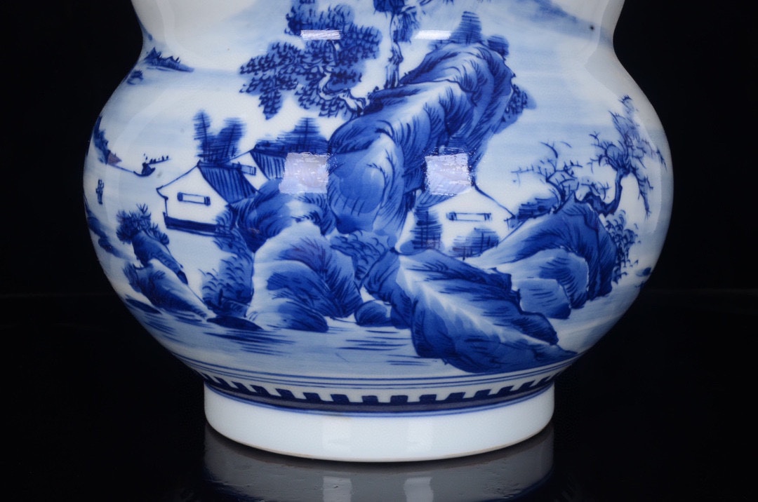 Qing Kangxi blue and white landscape pattern lid jar - Image 6 of 9