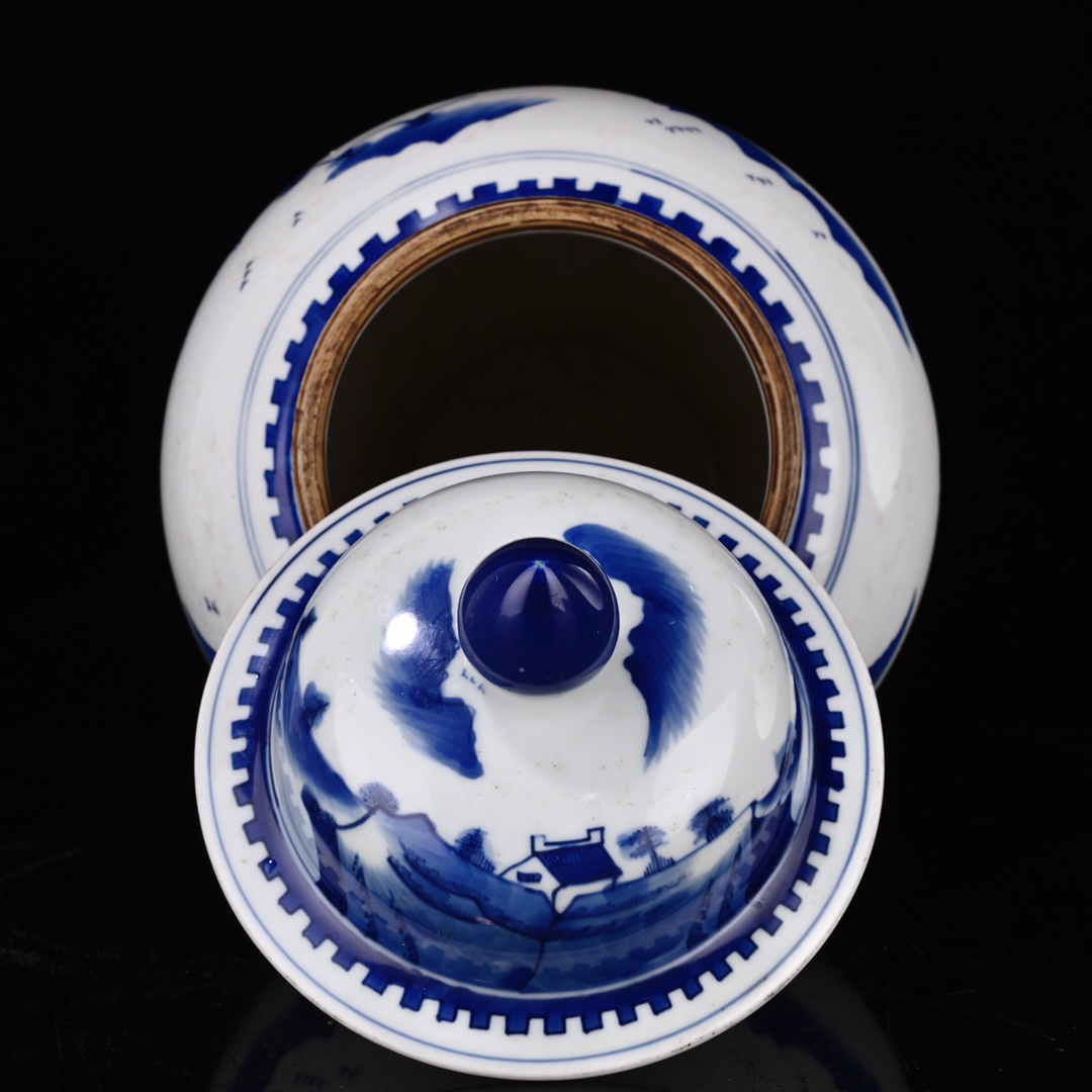 Qing Kangxi blue and white landscape general jar - Image 8 of 9