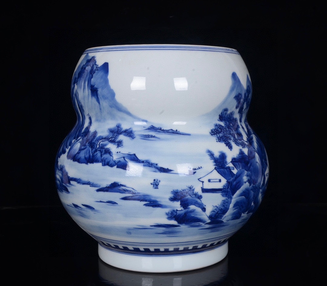 Qing Kangxi blue and white landscape pattern lid jar - Image 4 of 9