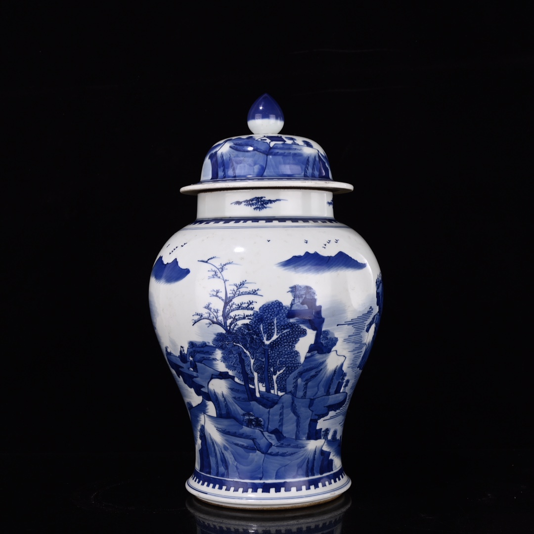 Qing Kangxi blue and white landscape general jar - Image 2 of 9