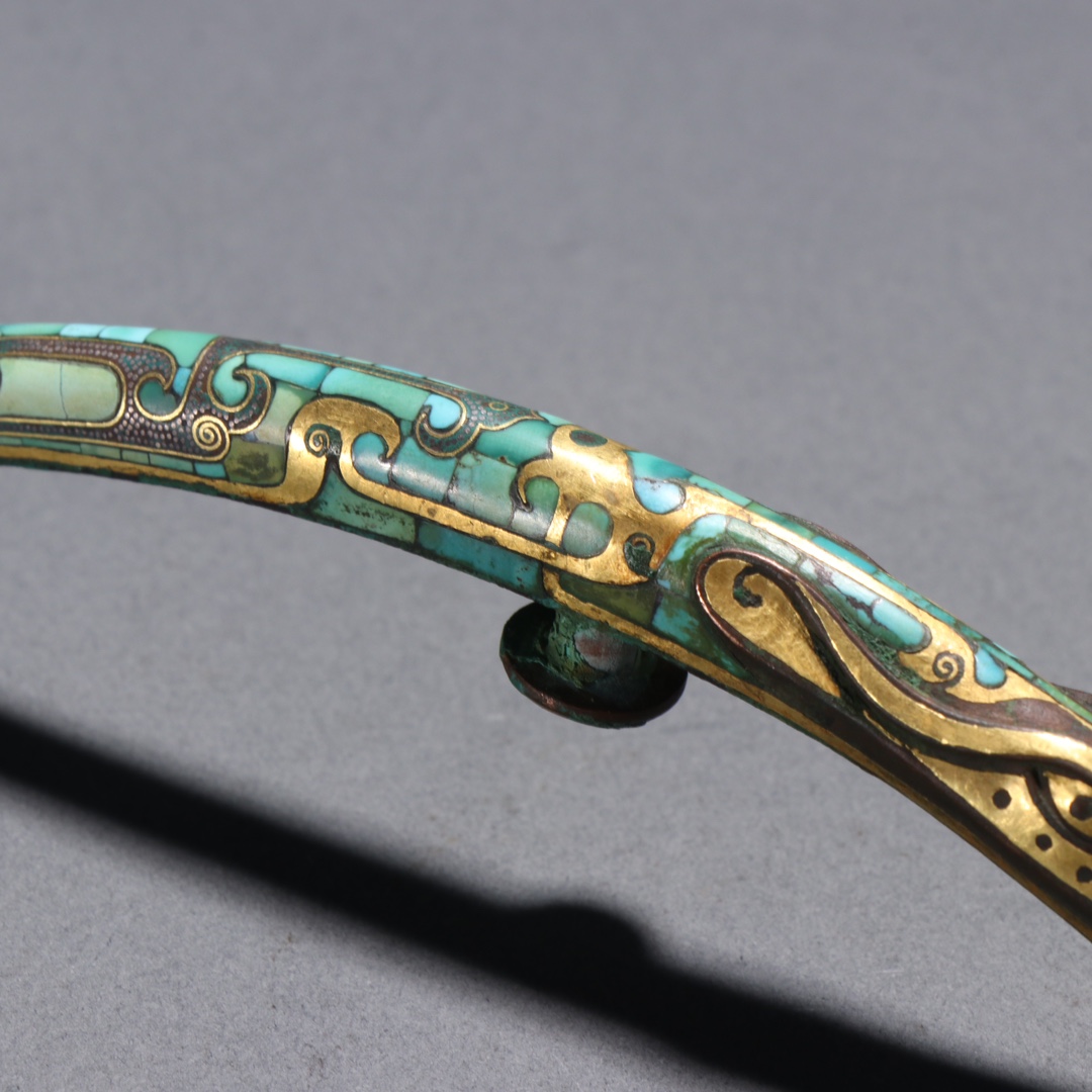 Han Dynasty Bronze with gold and silver inlaid with turquoise dragon hook - Image 3 of 9