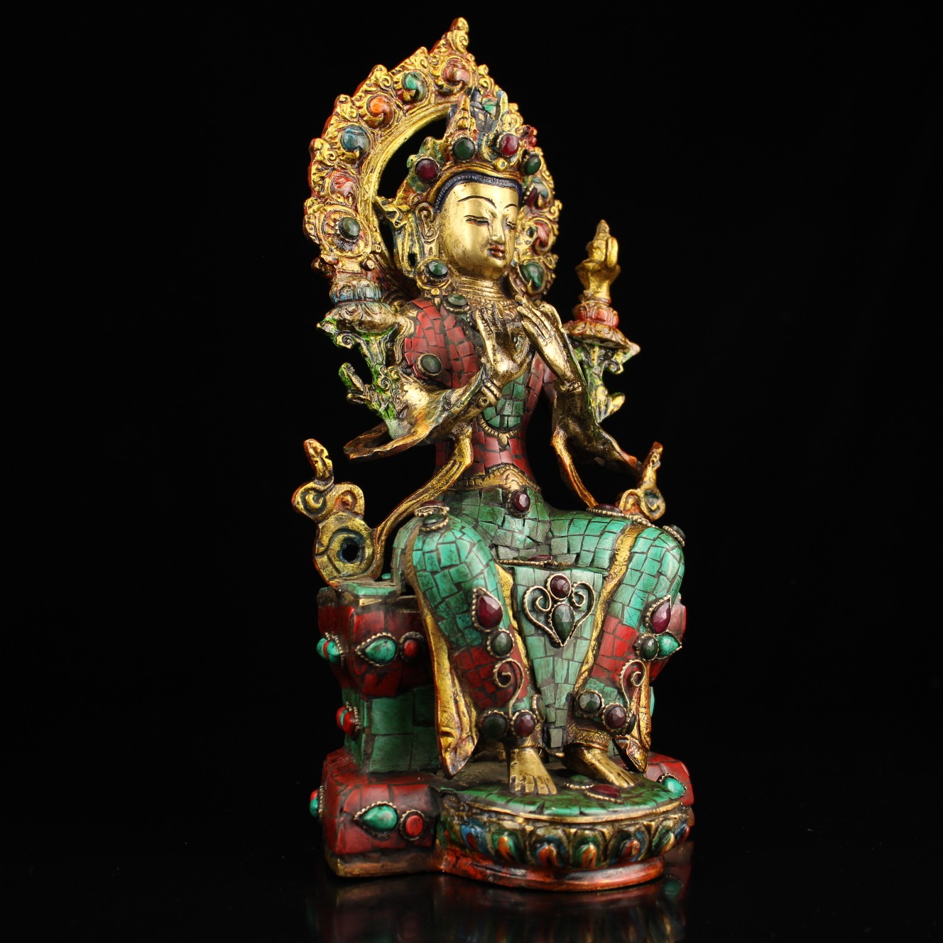 A pure hand-made bronze Buddha inlaid with precious stones, painted and painted with gold - Bild 4 aus 8