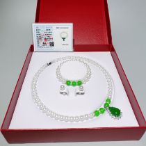 Natural pearl inlaid jade necklace, bracelet and earring three-piece set