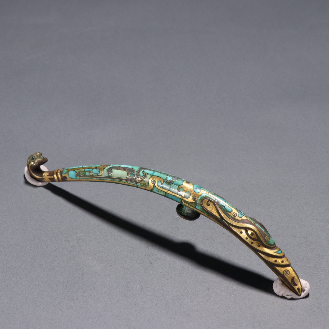 Han Dynasty Bronze with gold and silver inlaid with turquoise dragon hook