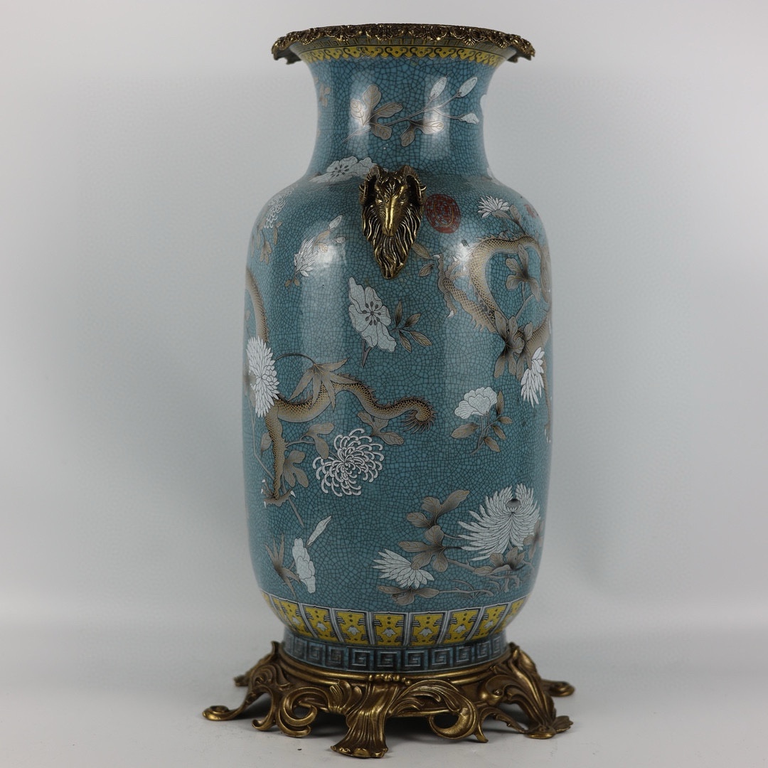 Dayazhai dragon pattern inlaid copper sheep head double-eared winter melon vase - Image 3 of 9