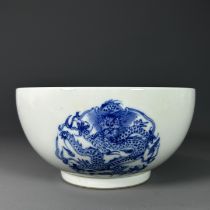 A large blue and white dragon-patterned bowl made in the Guangxu period of the Qing Dynasty