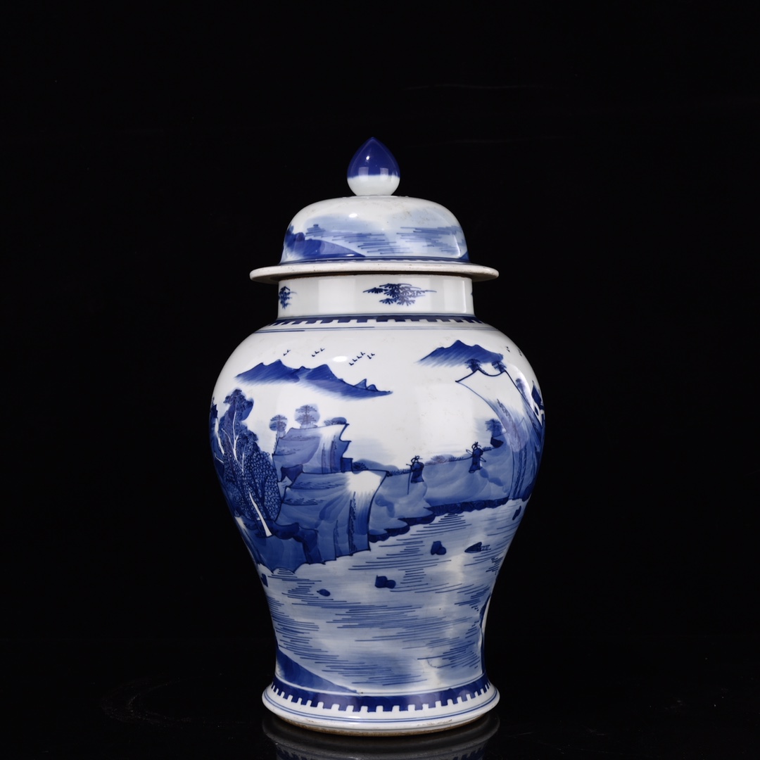 Qing Kangxi blue and white landscape general jar - Image 4 of 9